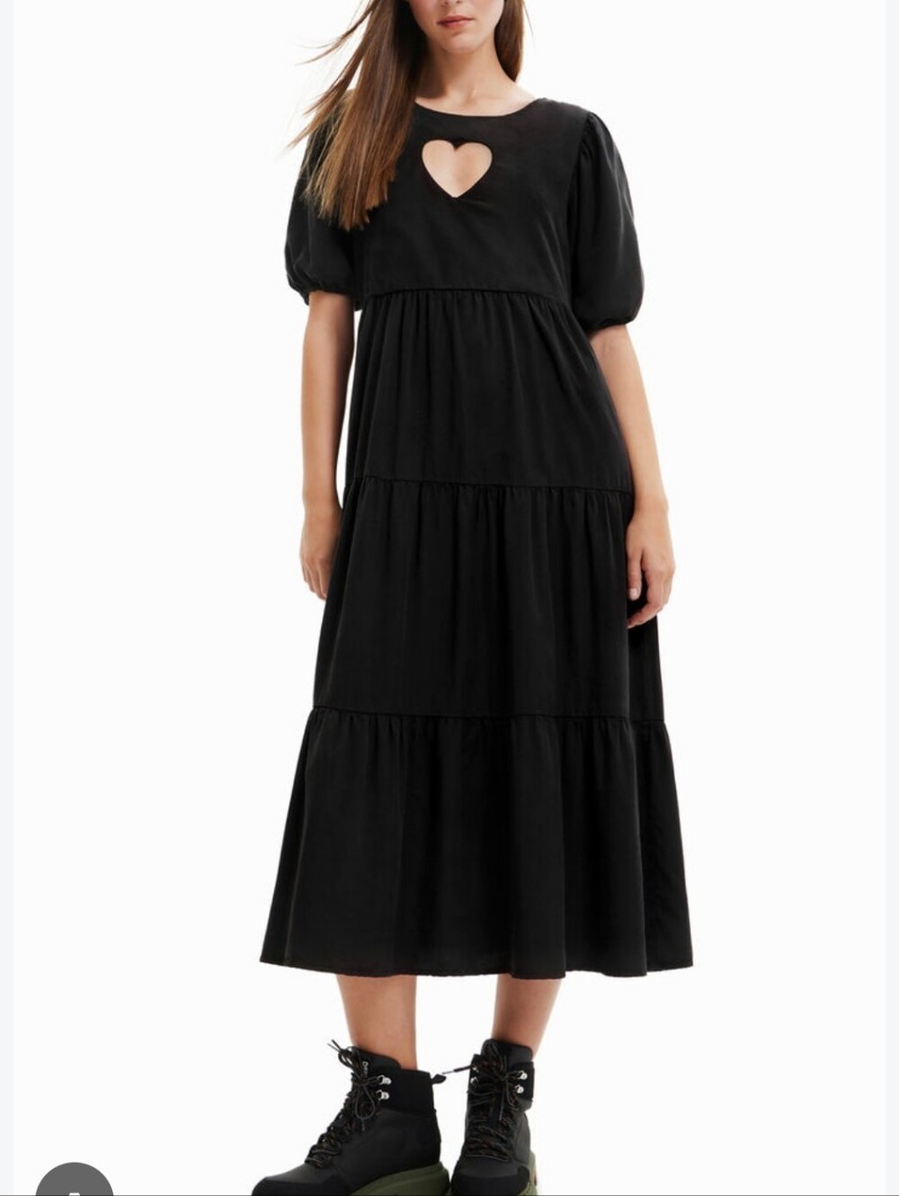 NWT Desigual Black Heart Cutout Cotton Poplin Tiered Midi Smock Dress Medium